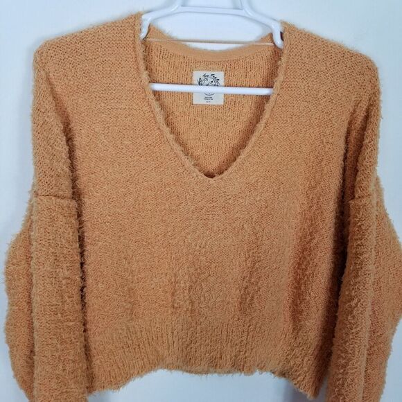 Free People Women Theo V Neck Sweater Sz XL Organic Cotton Blend Fuzzy Pullover - Picture 2 of 7